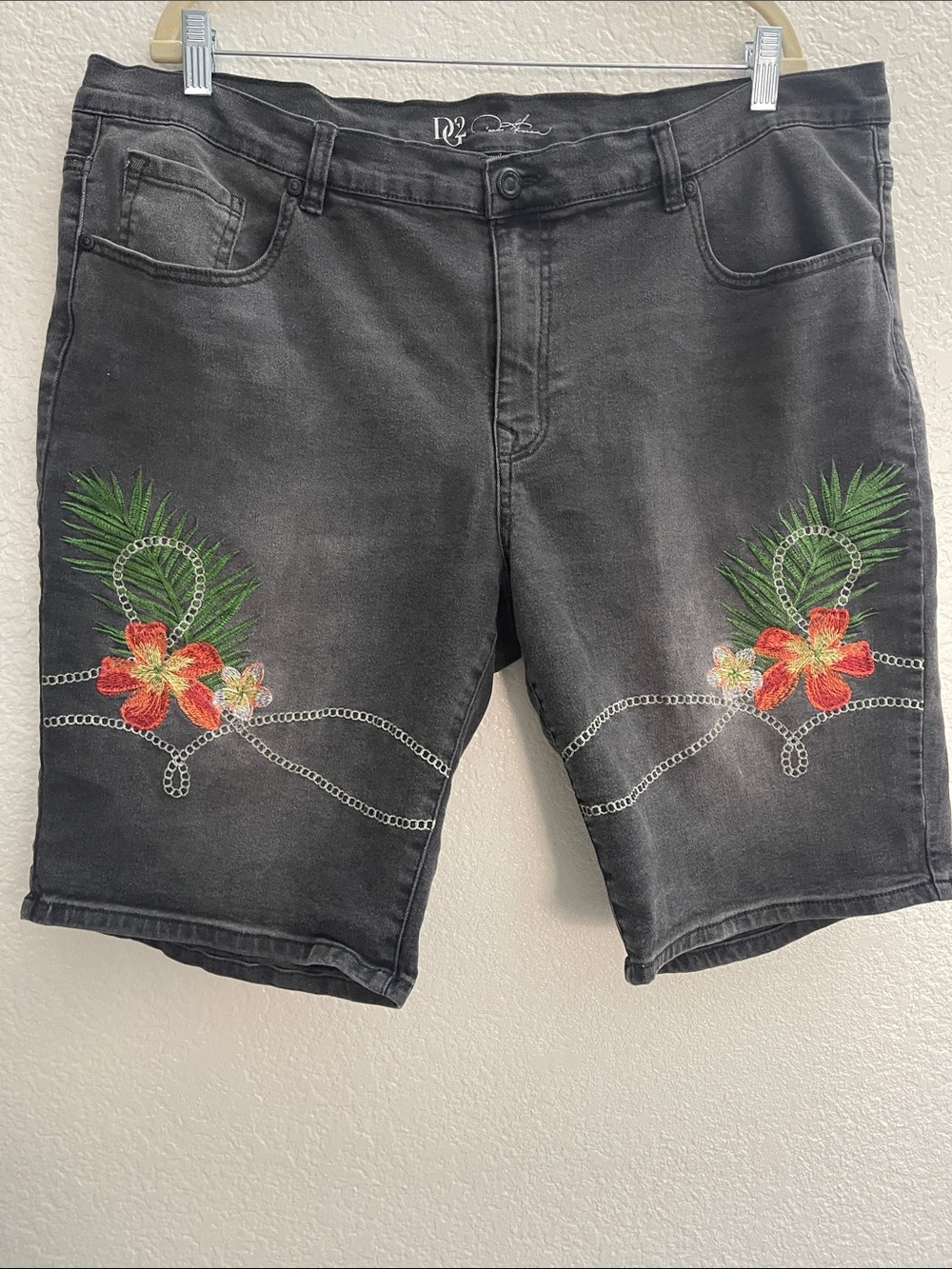 DG2 by Diane Gilman Black Denim Shorts with Embroidered Tropical Flowers